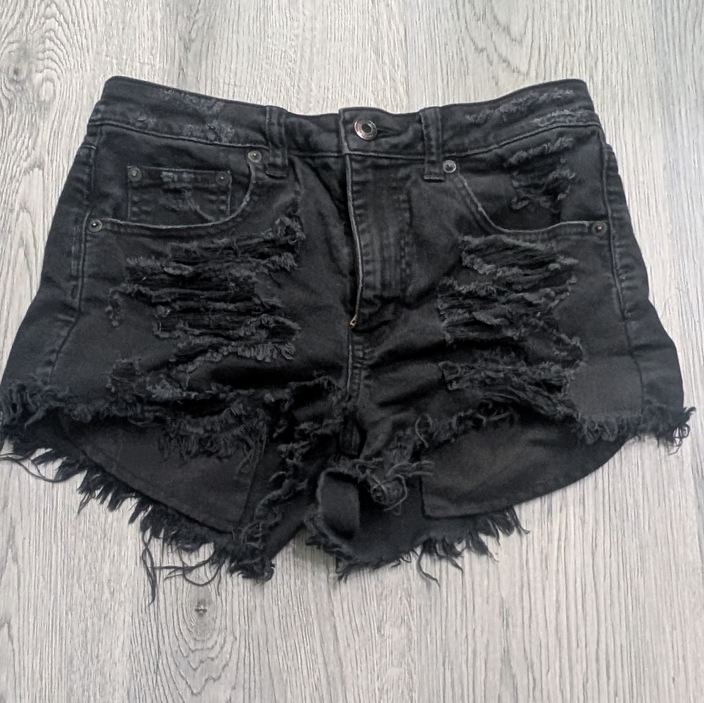 American Eagle Black Ripped Denim Shorts High Rise Distressed Size 4